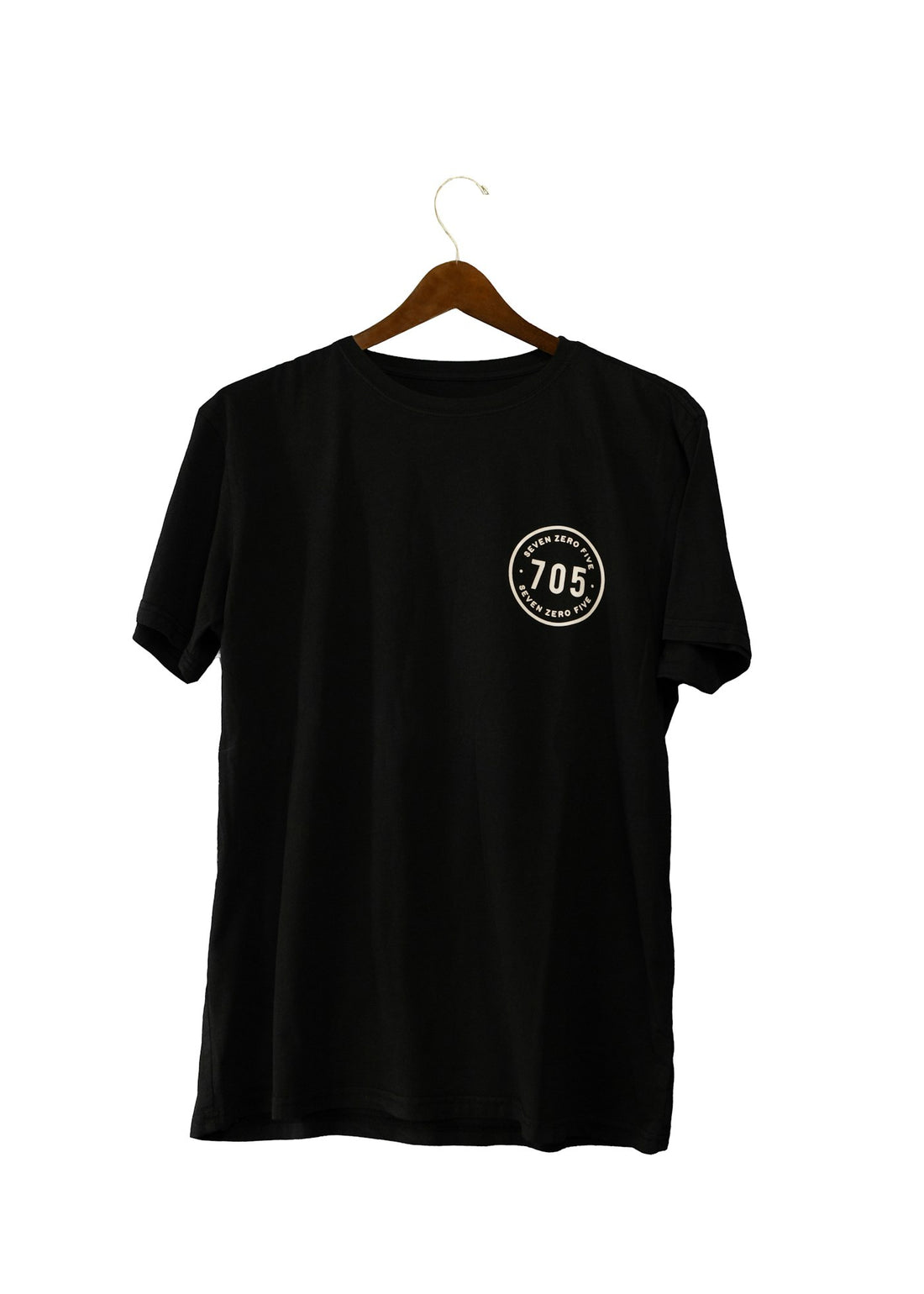 A plain black t-shirt on a hanger