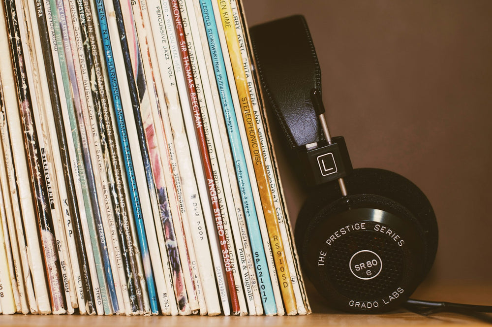 Vinyl records and headphones