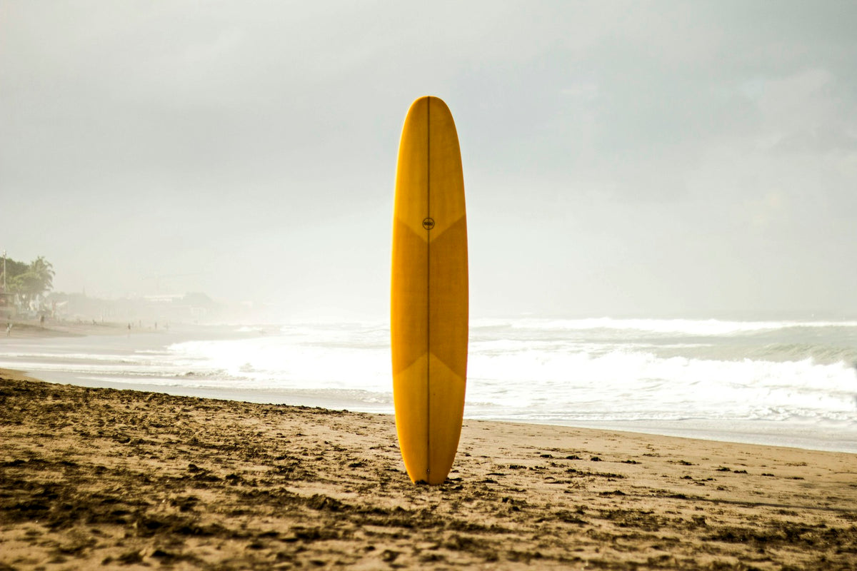 Surfboard standing on a beach
