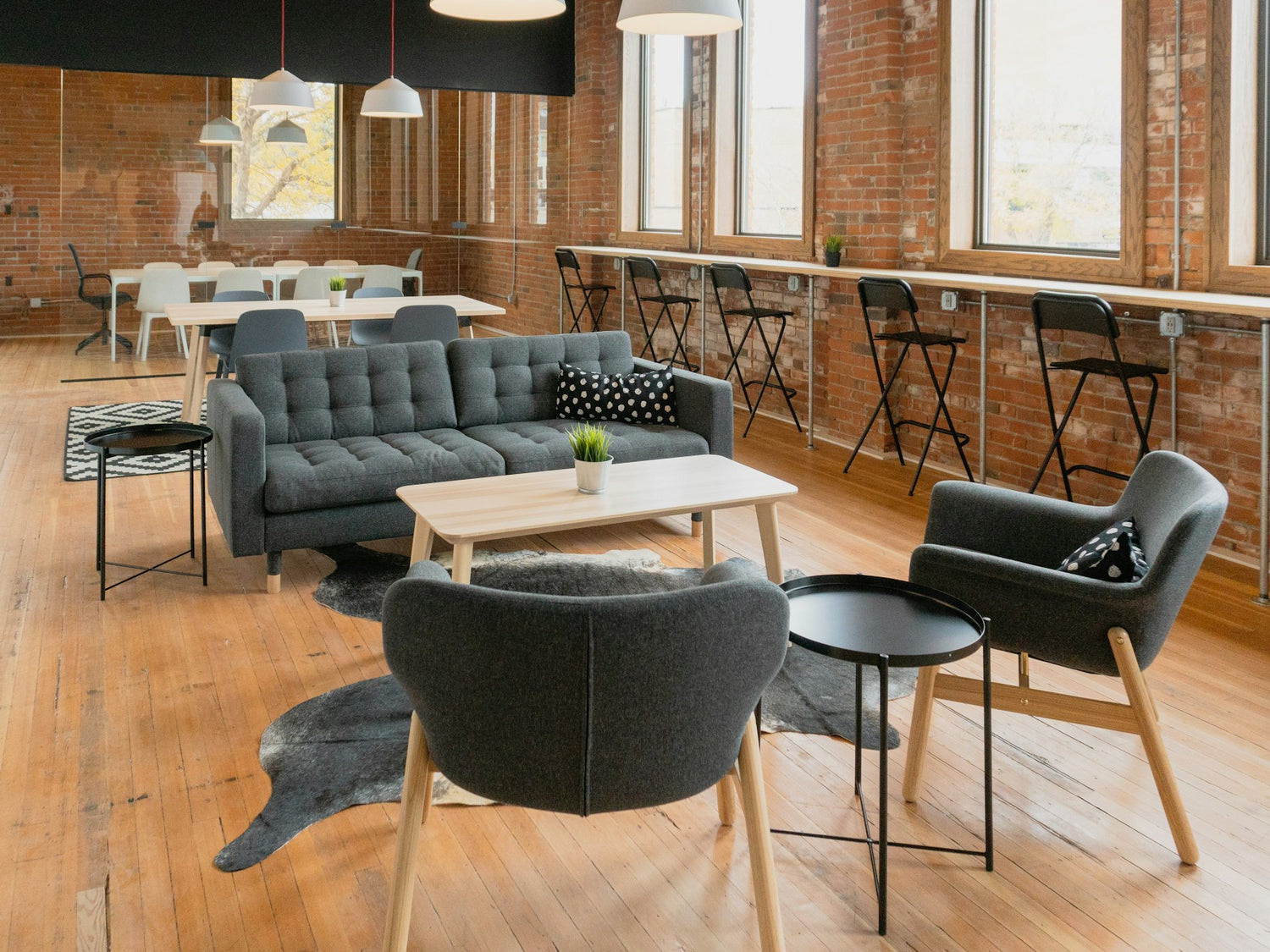 Lounge seating in a brick room