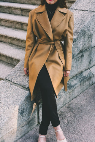 Belted camel trench coat