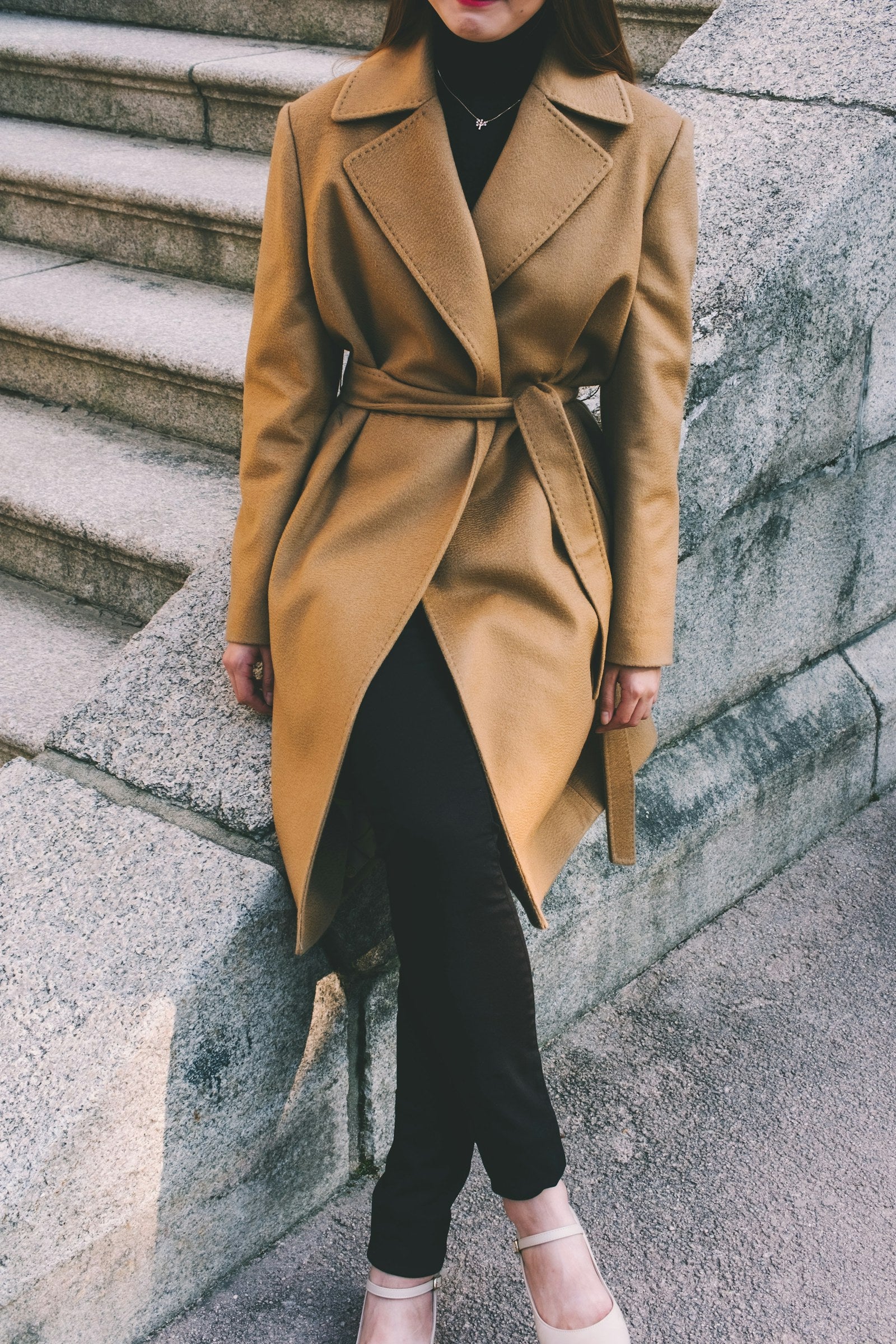 Belted camel trench coat