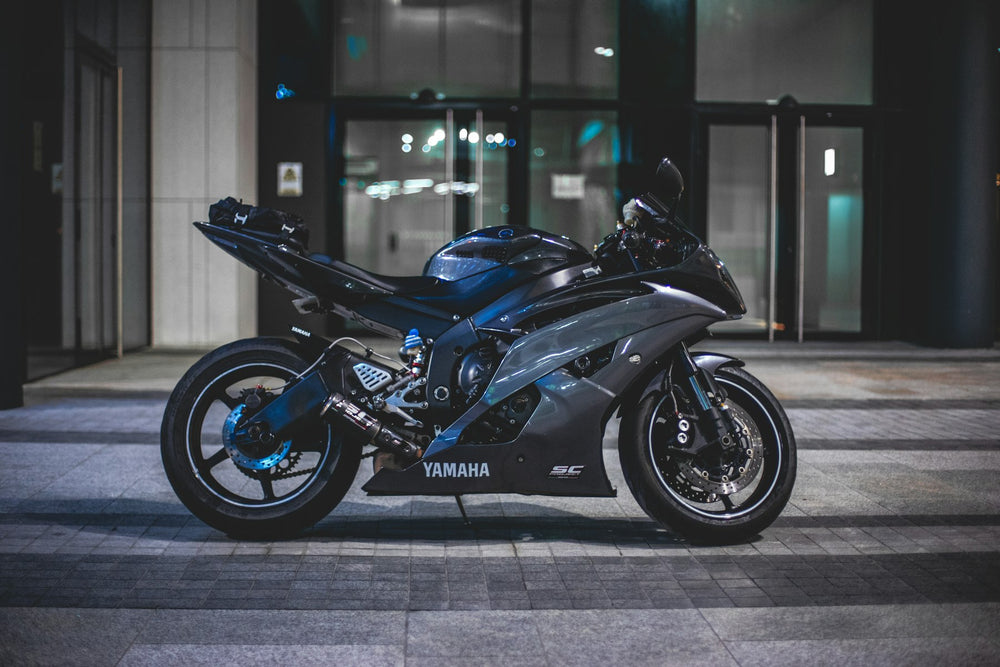 Blue sports motorcycle at night