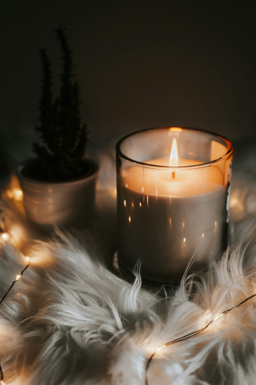 A candle burning in a glass beside greenery