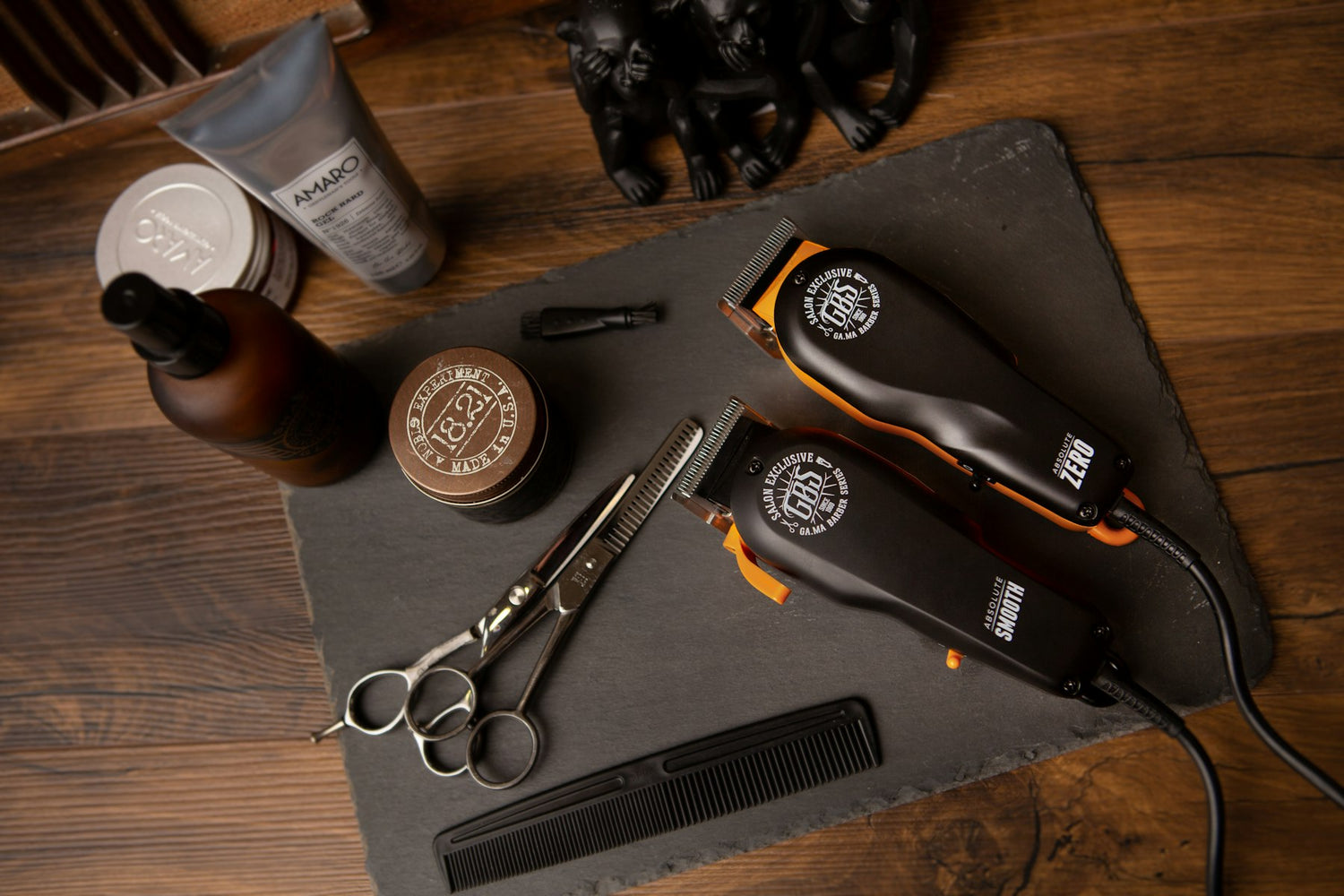 Barber tools laid out on leather