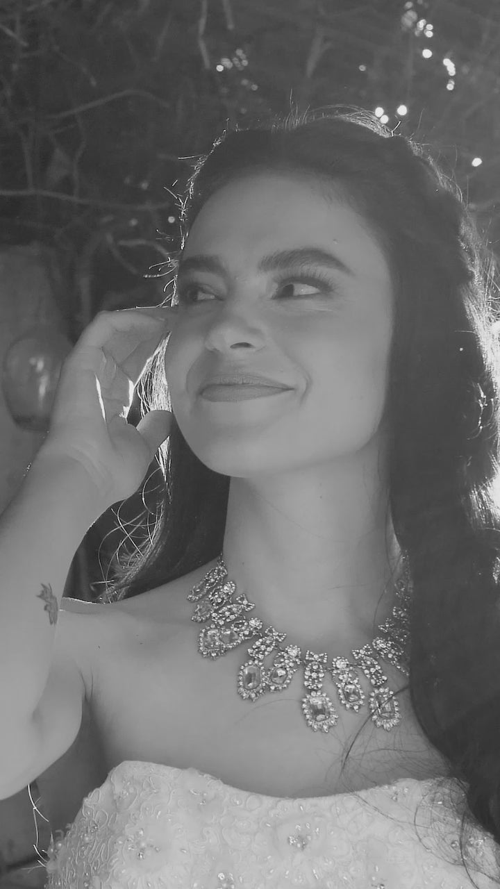 Black and white portrait of bridal jewellery